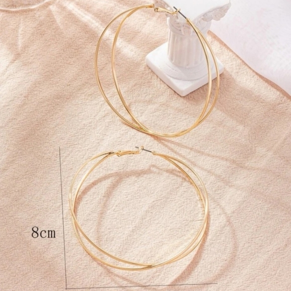 Oversized Gold Colored Layered Look Hoop Earrings sz 8cm - Picture 6 of 8